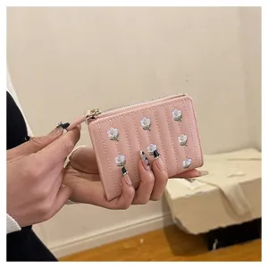 Pink floral embroidered short wallet detail, compact folding zipper card holder for women.