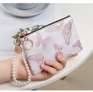 Women embroidery butterfly coin purse with pearl wrist strap small zipper wallet pouch