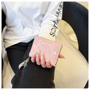 Pink PU leather short wallet featuring a cute cat graphic, zipper closure, and tassel charm.