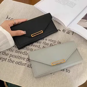 Women long envelope wallet simple sleek PU leather clutch bag with metal clasp hardware display