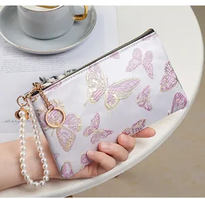 Chinese style embroidered butterfly pearl wrist strap wallet clutch bag for daily use