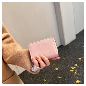Pink small zipper wallet card holder with heart pendant, compact PU leather coin purse detail.