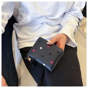 Cute short women wallet with heart embroidery PU leather coin purse card holder chic daily use