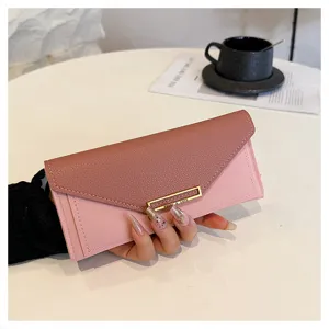 Stylish women long wallet colorblock pink PU leather clutch purse with card slots for daily use.