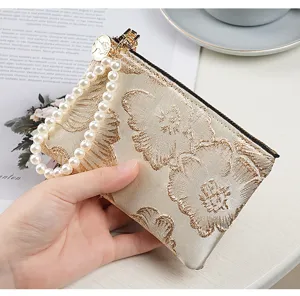 Chinese style embroidered pearl wrist strap coin purse card pouch elegant women wallet