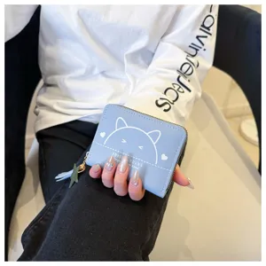 Women mini short coin purse cute cat pattern zipper pu leather card holder tassel wallet