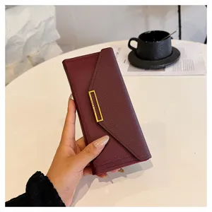 Wine red long envelope wallet detail, elegant metal buckle design, multiple card slots purse.