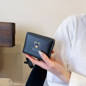 Black short wallet for women with cute bear logo and tassel zip coin purse main image