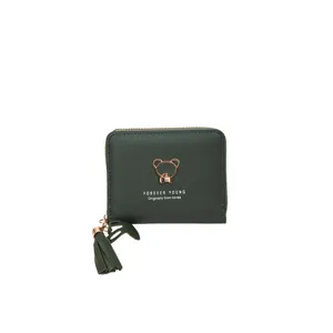 Green short women wallet with cute bear pendant and zipper closure for daily use and girls.