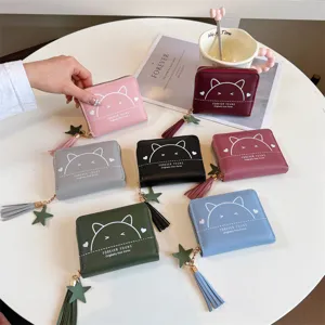 Women Short Coin Purse PVC Leather Cute Cat Ear Print Zip Card Holder With Tassel Star Pendant Sweet Small Wallet