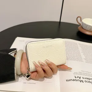 Mini zipper card holder women stylish wallet coin purse with cute heart pendant white PU leather