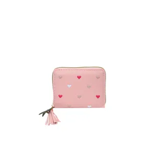 Pink PU leather short wallet for women featuring cute embroidered hearts and tassel charm.