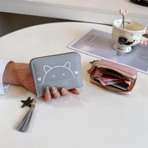 Cute cat print PU leather short wallet with tassel pendant zipper coin purse for women