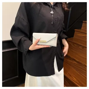 Women long wallet elegant envelope PU leather card holder fashion clutch purse grey minimalist