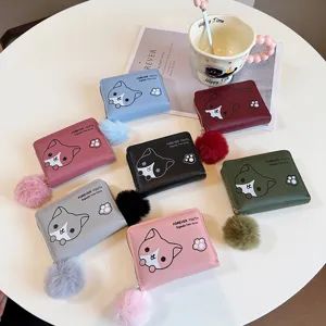 Mini Portafoglio da Donna Corto in PVC con Stampa Gatto Portamonete con Pompon Cerniera Porta Carte Carino Portafoglio Minimalista Regalo