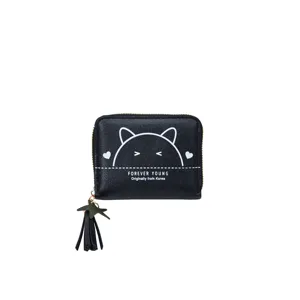 Women black pu leather short zipper coin purse with cute cat print and tassel pendant main view