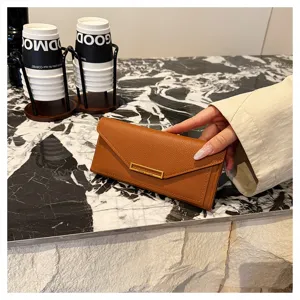 Women long brown wallet minimalist envelope clutch bag with card slots elegant purse.
