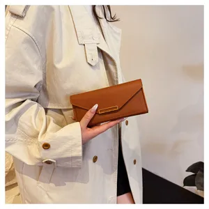 Women's long wallet brown envelope PU leather card holder clutch fashion minimalist purse