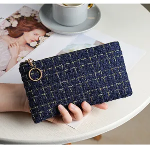 Blue tweed zipper coin purse for women, chic metallic ring zipper pull card holder case.