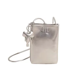 Silver metallic mini phone bag with cute elephant charm, stylish crossbody bag for women.