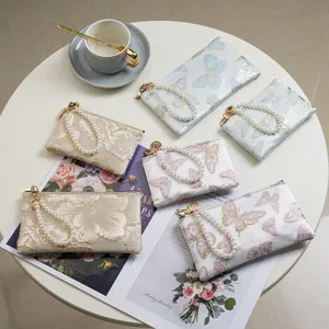 Chinese Style Embroidered PVC Women Long Wallet Butterfly Floral Pattern Zipper Clutch Coin Purse With Artificial Pearl Wristlet Strap