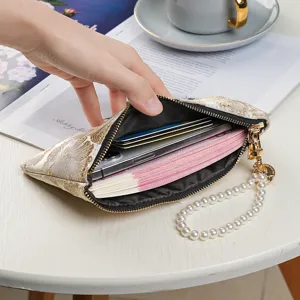 Chinese style embroidered pearl clutch wallet for women, long zipper card holder and phone bag.