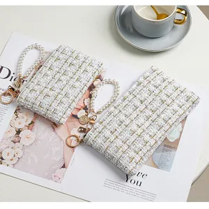 Chic Tweed Pearl Wristlet Pouch Small Card Holder For Women Fashion Coin Handbag.