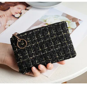 Black tweed coin purse with gold zipper and keychain chic style wallet for women