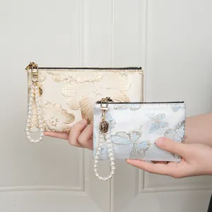 Chinese style embroidered pearl wrist strap coin purse zipper wallet card bag