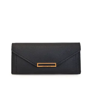 Black long wallet for women, stylish envelope PU leather purse with metal clasp, card slots.
