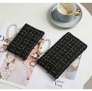 Black tweed coin purse with pearl wristlet strap and key ring, stylish mini card holder bag for women