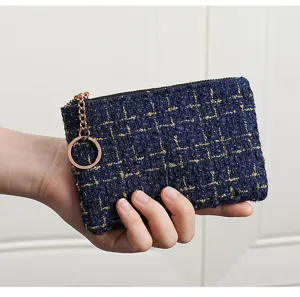 Dark blue tweed coin purse detail shot, featuring classic chic texture, zipper and gold ring.