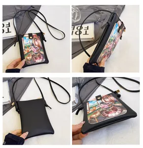 Women crossbody phone bag black PU leather cute anime print shoulder messenger bag