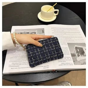 Women's short tweed woven zipper coin purse, stylish card holder and clutch wallet for daily use.