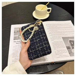 Elegant tweed coin purse for women, short wallet with pearl wrist strap and card holder.
