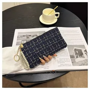 Navy tweed short wallet with pearl wrist strap and gold zipper for women chic style.