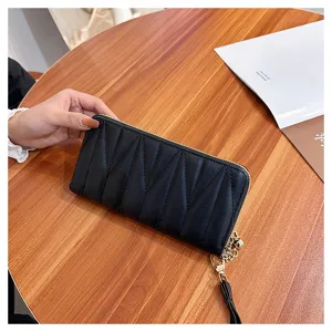 Women black quilted long wallet with zipper closure and wrist strap elegant fashion design purse