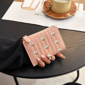 Women short wallet cute embroidered floral design folding zipper card holder pink purse