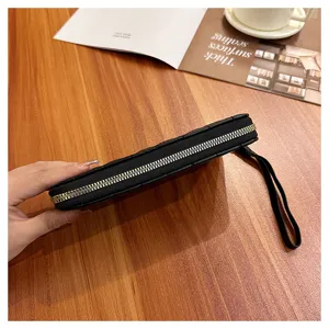 Women quilted long wallet black zipper clutch purse with wrist strap elegant daily fashion handbag