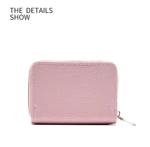Porte-cartes rose minimaliste avec fermeture éclair, mini portefeuille en cuir synthétique.