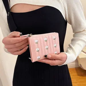 Pink short wallet for women, cute embroidered floral folding zipper card holder purse.
