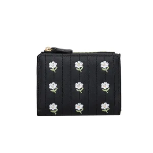 Cute floral embroidered black short wallet for women, multi-card folding zip coin purse.