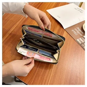 Women's long quilted zipper wallet detail view, large capacity multi-card slots clutch purse.