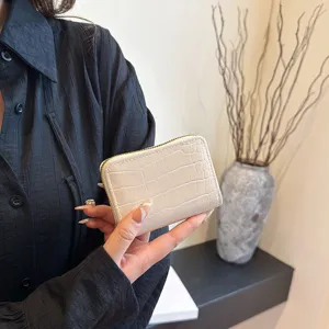 Elegant women crocodile pattern card holder white minimalist zipper coin purse wallet compact.