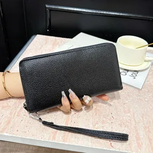 Bolso de mano largo texturizado negro cartera con correa gran tarjetero principal