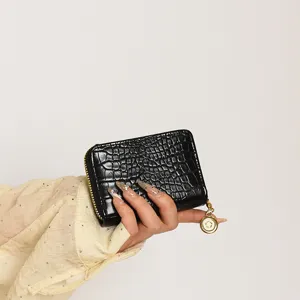Black crocodile pattern zipper card wallet, premium mini coin purse with metal charm for women.