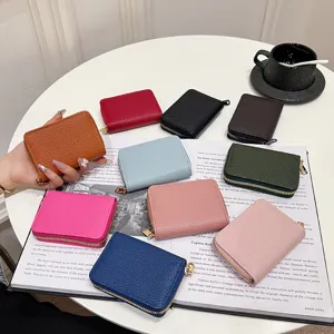 Tarjetero minimalista de cuero con cremallera y monedero multicolor para mujeres