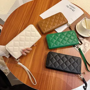 Quilted long wallet for women fashion zipper clutch purse casual PU leather card holder wristlet