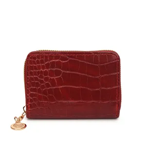Red crocodile pattern leather card holder wallet, compact zippered coin purse for women.