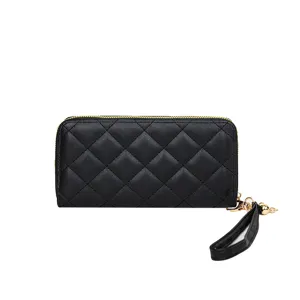 Black quilted long wallet for women with zipper closure and wrist strap elegant design